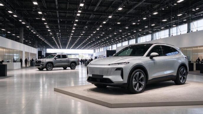Unbranded electric SUV displayed inside a large automotive exhibition hall