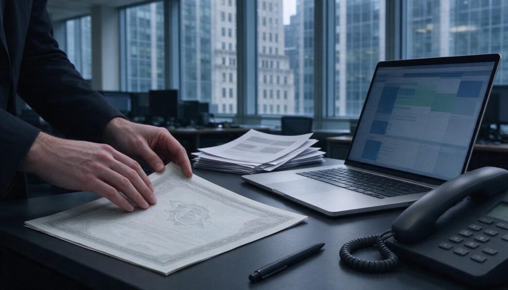 A trader’s hands beside printed economic papers and a laptop in a New York financial office