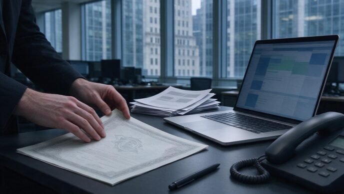 A trader’s hands beside printed economic papers and a laptop in a New York financial office