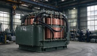 A large power transformer being assembled inside an electrical-equipment factory.