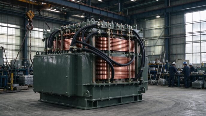 A large power transformer being assembled inside an electrical-equipment factory.