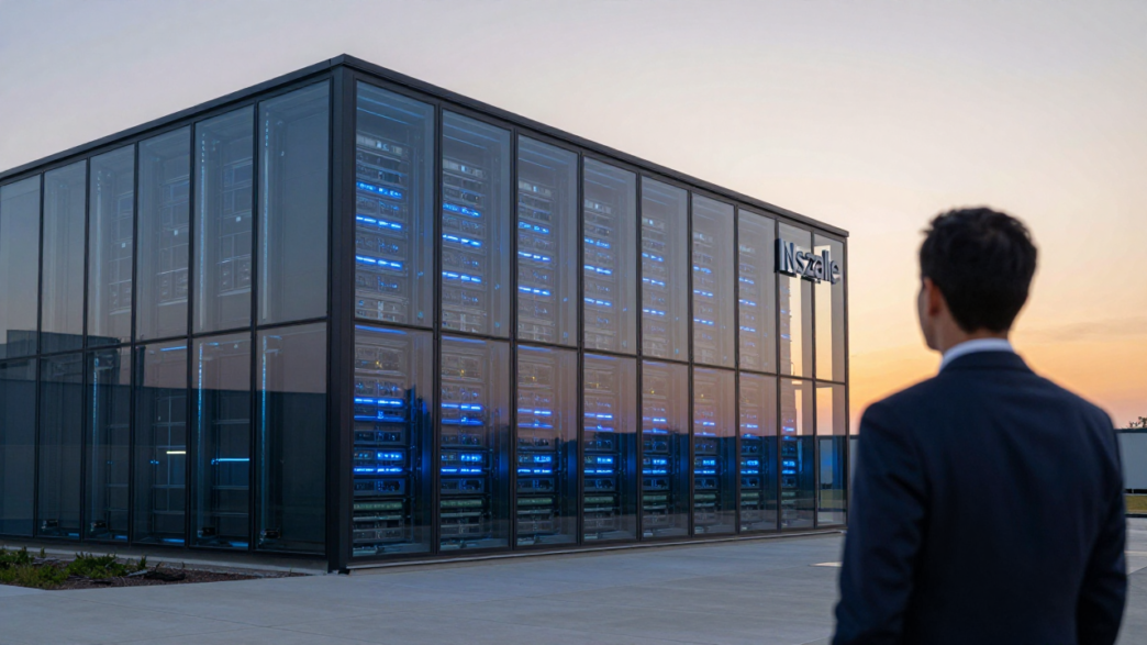A suited executive looks toward an illuminated AI data center at dusk.
