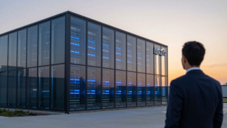 A suited executive looks toward an illuminated AI data center at dusk.