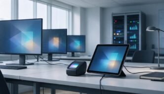 A payment terminal and tablet on a desk in a digital payments operations workspace.