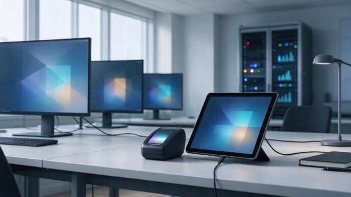 A payment terminal and tablet on a desk in a digital payments operations workspace.