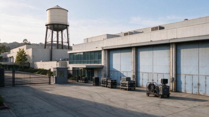 A studio water tower rises above soundstage buildings on a Los Angeles production lot.