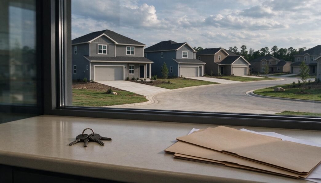 Newly built suburban houses beside a real-estate counter with keys and property folders