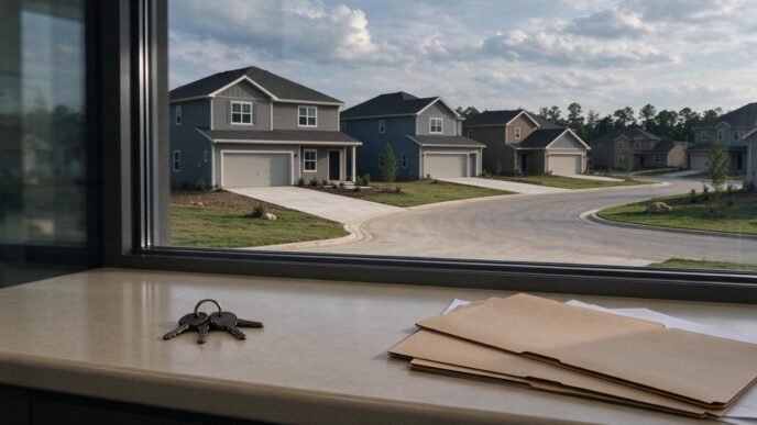 Newly built suburban houses beside a real-estate counter with keys and property folders