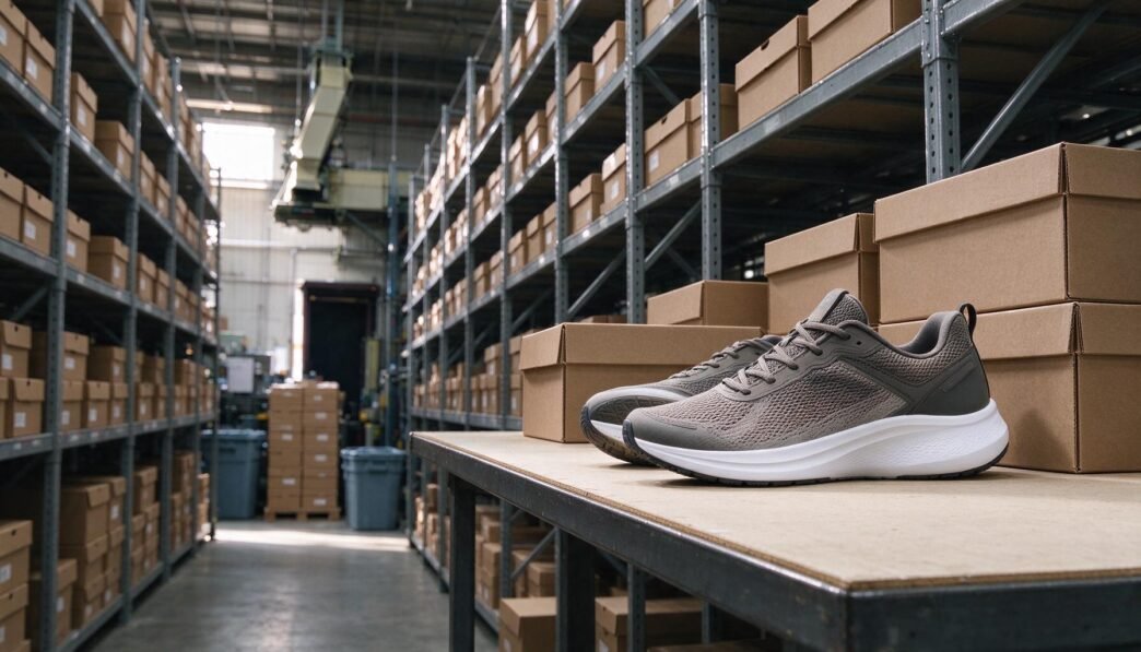 Unbranded athletic shoes and cartons in a modern sportswear warehouse