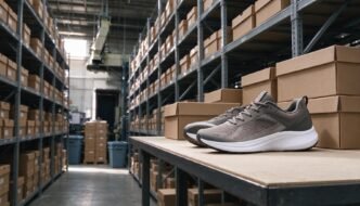 Unbranded athletic shoes and cartons in a modern sportswear warehouse