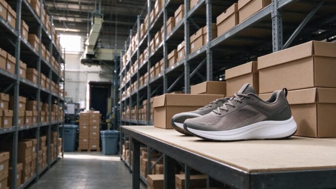 Unbranded athletic shoes and cartons in a modern sportswear warehouse