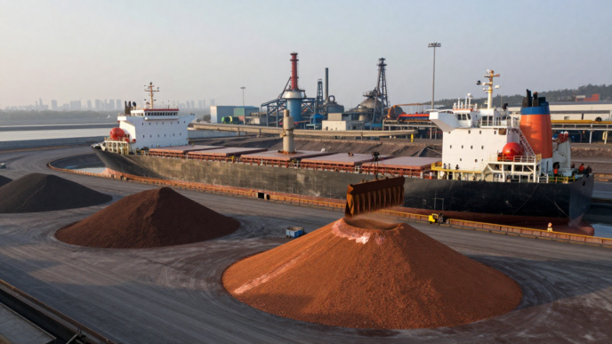 Copper concentrate at a South American export terminal with a bulk ship in the background