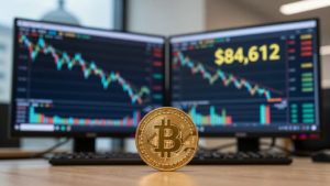 Bitcoin coin beside a trading screen showing a declining price chart in a financial office.