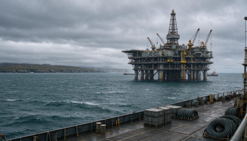 An offshore oil platform and unmarked service vessel in the South Atlantic.