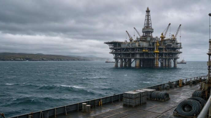 An offshore oil platform and unmarked service vessel in the South Atlantic.