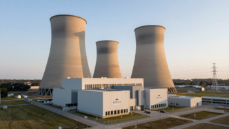 Cooling tower and transmission lines at a U.S. nuclear power plant.