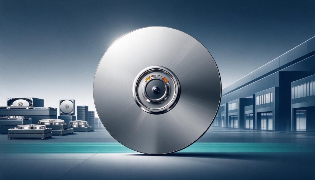 an unbranded hard drive platter before a factory suggesting expanded manufacturing capacity.