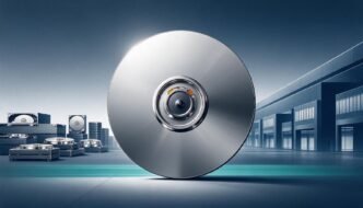 an unbranded hard drive platter before a factory suggesting expanded manufacturing capacity.