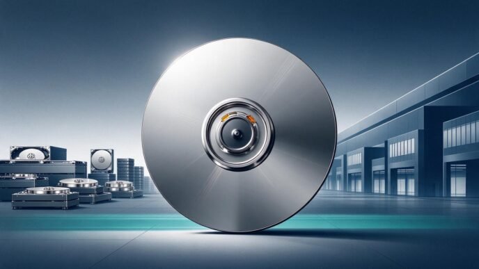 an unbranded hard drive platter before a factory suggesting expanded manufacturing capacity.