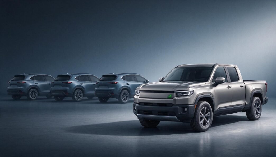 Generic crossover vehicles recede behind a hybrid pickup truck.