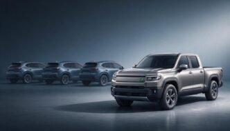 Generic crossover vehicles recede behind a hybrid pickup truck.