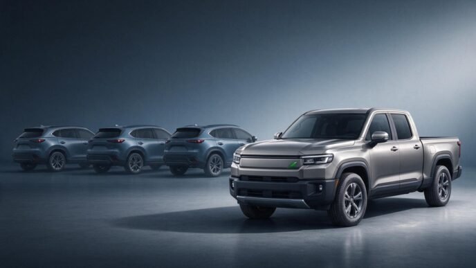 Generic crossover vehicles recede behind a hybrid pickup truck.