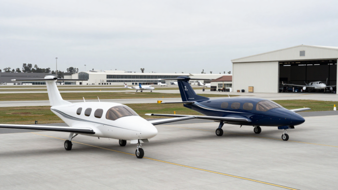 Two electric vertical-takeoff-and-landing aircraft on an airport apron