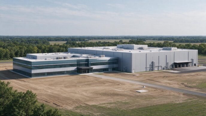A planned pharmaceutical manufacturing campus on a cleared site in New Albany, Ohio.