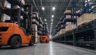Industrial warehouse with forklifts and automated logistics equipment