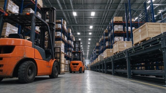 Industrial warehouse with forklifts and automated logistics equipment
