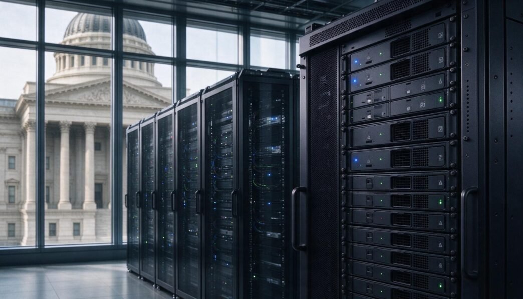 AI computing infrastructure with government buildings in the distance