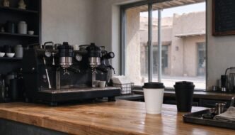 Coffee shop counter with takeaway cups