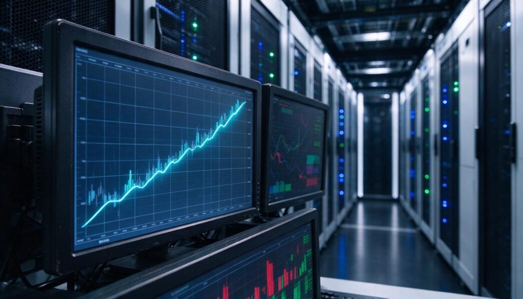 Investment market charts beside server infrastructure