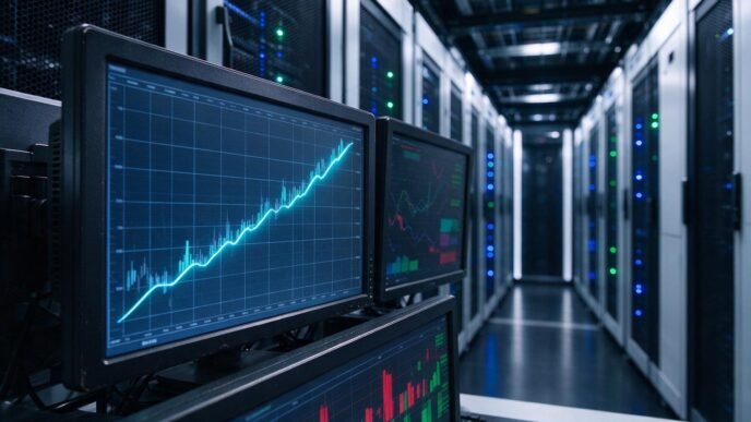 Investment market charts beside server infrastructure
