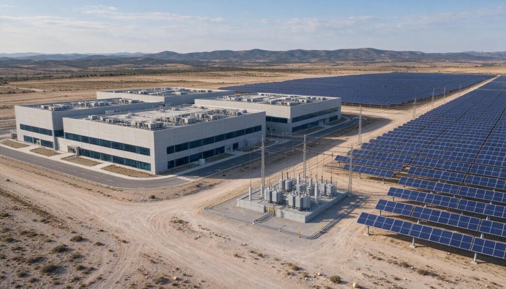 Solar panels beside a data center in Spain