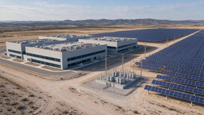 Solar panels beside a data center in Spain