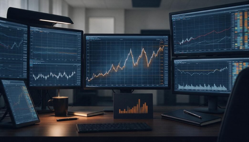 Bond market screens in a financial trading office