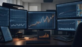 Bond market screens in a financial trading office