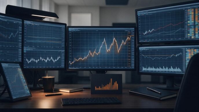 Bond market screens in a financial trading office
